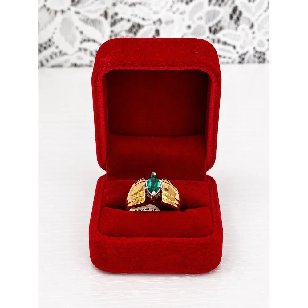 Vintage Karatclad Green Marquise Ring 14KT GE Gold Plate Size 8 New NOS